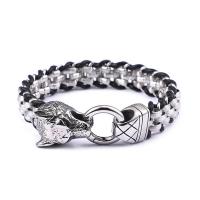 Stainless Steel Bracelet, with Leather, Wolf, for man, 13mm, Sold Per Approx 8.5 Inch Strand