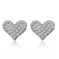 Brass Stud Earring, Heart, platinum plated, for woman & with cubic zirconia, nickel, lead & cadmium free, 15mm, Sold By Pair