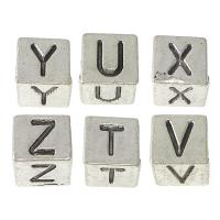 Zinc Alloy European Alphabet Kralen, Kubus, antiek zilver plated, verschillende ontwerpen voor de keuze & met brief patroon, nikkel, lood en cadmium vrij, 7x7x7mm, Gat:Ca 5mm, 100pC's/Lot, Verkocht door Lot