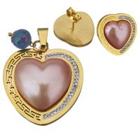 Stainless Steel Jewelry Set, pendant & earring, with Resin Pearl & Rhinestone Clay Pave & Lampwork, Heart, gold color plated, for woman, 35x37mm, 17x17mm, Hole:Approx 4x7mm, Sold By Set