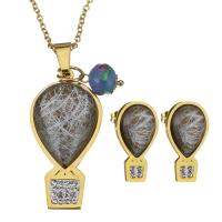 Stainless Steel Jewelry Set, earring & necklace, with Resin Pearl & Rhinestone Clay Pave & Lampwork, Teardrop, gold color plated, drawbench & oval chain & for woman, 20x40mm, 2mm, 12x22mm, Length:Approx 19 Inch, Sold By Set