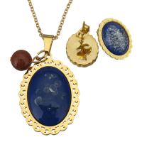 Stainless Steel Jewelry Set, earring & necklace, with Goldstone & Resin, Flat Oval, gold color plated, oval chain & for woman, 28x39mm, 2mm, 13x18mm, Length:Approx 19 Inch, Sold By Set