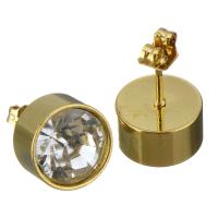 Stainless Steel Stud Earrings, gold color plated, for woman & with rhinestone, 10mm, Sold By Pair