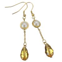 Stainless Steel Drop Earring with Crystal & Glass Pearl gold color plated for woman & faceted & with rhinestone 70mm Sold By Pair