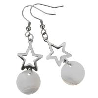 Stainless Steel Drop Earring with White Shell Flat Round for woman original color 62mm 15mm Sold By Pair