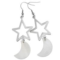 Stainless Steel Drop Earring with White Shell Moon and Star gold color plated for woman 75mm Sold By Pair
