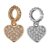 Brass European Pendant, Heart, plated, micro pave cubic zirconia & without troll, more colors for choice, 16mm, 9x9x1.5mm, Hole:Approx 4.5mm, 10PCs/Lot, Sold By Lot