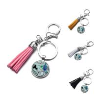 Fashion Time Gem Keychain Key Ring, Tibetan Style, with iron ring & Velveteen & Glass, Tassel, platinum color plated, time gem jewelry & Unisex & decal, lead & cadmium free, 25mm, Sold By PC