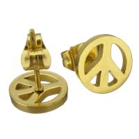 Stainless Steel Stud Earrings, Peace Logo, gold color plated, for woman, 9mm, 10Pairs/Lot, Sold By Lot