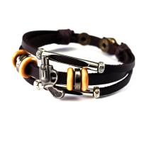 Cowhide Bracelet with Waxed Cotton Cord & Wood & Zinc Alloy Unisex & adjustable Length 7.8-9.8 Inch Sold By Lot