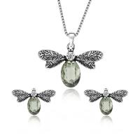 Zinc Alloy Jewelry Set Stud Earring & necklace with Glass Gemstone Dragonfly silver color plated box chain & for woman & faceted & with rhinestone & blacken  Length Approx 17.5 Inch Sold By Set