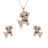 Tibetan Style Jewelry Sets, Stud Earring & necklace, Dog, rose gold color plated, bar chain & for woman & with rhinestone, 18x13mm, 24x30mm, Length:Approx 17.5 Inch, Sold By Set