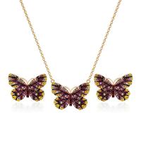 Zinc Alloy Jewelry Sets Stud Earring & necklace Butterfly gold color plated oval chain & for woman & enamel & with rhinestone Length Approx 20 Inch Sold By Set