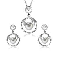 Tibetan Style Jewelry Set, earring & necklace, with Plastic Pearl, silver color plated, oval chain & for woman & with rhinestone, 20x34mm, 23x40mm, Length:Approx 17 Inch, Sold By Set