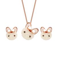 Zinc Alloy Jewelry Set earring & necklace with Plastic Pearl Cat rose gold color plated box chain & for woman & enamel & with rhinestone  Length Approx 18 Inch Sold By Set