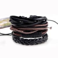 Leather Bracelet Set with Waxed Cotton Cord & PU Leather handmade adjustable & for man Length Approx 7.6 Inch Sold By Lot