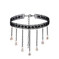 Lace Choker Necklace with Zinc Alloy iron lobster clasp with 5cm extender chain plated for woman & with rhinestone black 300mm Sold Per Approx 11.5 Inch Strand