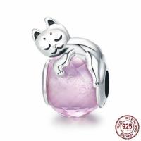 Thailand Sterling Silver European Bead, with Crystal, Cat, without troll & faceted, 17x10mm, Hole:Approx 4.5-5mm, Sold By PC