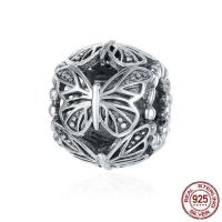 Thailand Sterling Silver European Bead, Drum, with butterfly pattern & without troll & hollow, 12x10mm, Hole:Approx 4.5-5mm, Sold By PC
