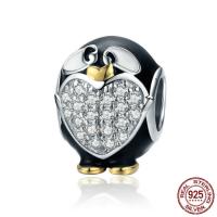 925 Sterling Silver European Beads, Penguin, platinum plated, without troll & enamel & with cubic zirconia, 12x11mm, Hole:Approx 4.5-5mm, Sold By PC