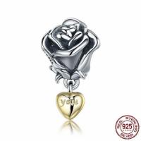 925 Sterling Silver European Pendant, Rose, word you, plated, without troll & two tone, 10x18mm, Hole:Approx 4.5-5mm, Sold By PC