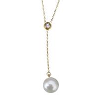 Stainless Steel Necklace, with Glass Pearl, with 2Inch extender chain, Round, gold color plated, oval chain & for woman & with rhinestone, 51mm, 11x14mm, 1.2mm, Sold Per Approx 16 Inch Strand