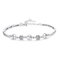 925 Sterling Silver Bangle Bracelet, with 1.18lnch extender chain, Four Leaf Clover, platinum plated, for woman & with rhinestone, more colors for choice, Sold Per Approx 6.7 Inch Strand