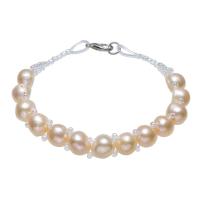 perle d'eau douce cultivée bracelet, avec perles de rocaille en verre & laiton, Baroque, naturel, pour femme, rose, 9mm, Vendu par Environ 6.5 pouce brin