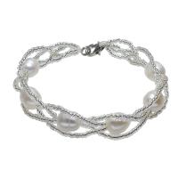 perle d'eau douce cultivée bracelet, avec perles de rocaille en verre & laiton, Baroque, naturel, pour femme, blanc, 8x10mm, Vendu par Environ 6.5 pouce brin