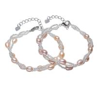 perle d'eau douce cultivée bracelet, avec perles de rocaille en verre & laiton, riz, naturel, pour femme, plus de couleurs à choisir, 6x7mm, Vendu par Environ 6.5 pouce brin
