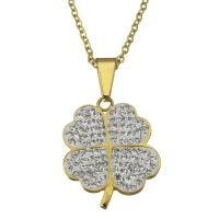 Stainless Steel Necklace with Rhinestone Clay Pave Four Leaf Clover gold color plated oval chain & for woman 2mm Sold Per Approx 19 Inch Strand