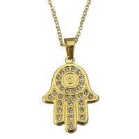 Stainless Steel Jewelry Necklace, Hamsa, gold color plated, oval chain & for woman & with rhinestone, 25x35mm, 2mm, Sold Per Approx 19 Inch Strand