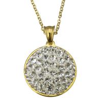 Stainless Steel Necklace, with Rhinestone Clay Pave, Flat Round, gold color plated, oval chain & for woman, 28x31mm, 2mm, Sold Per Approx 19 Inch Strand