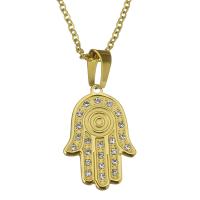 Stainless Steel Jewelry Necklace, Hamsa, gold color plated, oval chain & for woman & with rhinestone, 19x27mm, 2mm, Sold Per Approx 19 Inch Strand