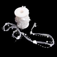 Plastique ABS perle perles de la chaîne, avec ruban de satin, blanc, 8mm, Environ 10m/bobine, Vendu par bobine
