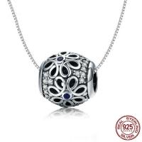 Thailand Sterling Silver European Bead, Round, with flower pattern & without troll & with cubic zirconia & hollow, 11x10mm, Hole:Approx 4.5-5mm, Sold By PC
