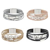PU Leather Bracelet, with Plastic Pearl & Tibetan Style, silver color plated, for woman & with cubic zirconia & multi-strand, more colors for choice, 16mm, Sold Per Approx 8 Inch Strand