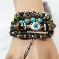 Cowhide Bracelet, with Non Magnetic Hematite & Turquoise & Wood & Resin & Tibetan Style, plated, braided bracelet & evil eye pattern & for woman & multi-strand, Length:Approx 7 Inch, 5Strands/Lot, Sold By Lot
