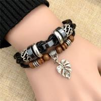 Cowhide Bracelet, with Waxed Cotton Cord & Non Magnetic Hematite & Wood & Copper Coated Plastic & Tibetan Style, plated, braided bracelet & adjustable & different styles for choice & for woman & 2-strand, Length:7-9 Inch, 5Strands/Lot, Sold By Lot