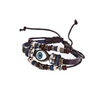 Cowhide Bracelet, with Waxed Cotton Cord & Wood & Resin & Tibetan Style, plated, Unisex & evil eye pattern & adjustable & 3-strand, 6mm, Length:Approx 7 Inch, 5Strands/Lot, Sold By Lot