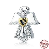 925 Sterling Silver European Beads, Angel, without troll & with cubic zirconia & two tone, 13x11mm, Hole:Approx 4.5-5mm, Sold By PC
