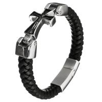 Stainless Steel Bracelet with Leather Cross for man & blacken 12mm Sold Per Approx 9 Inch Strand