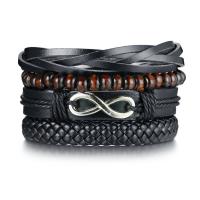 PU Leather Bracelet, with Wood & Tibetan Style, silver color plated, for man, 8mm, 10mm, 12mm, Length:Approx 7 Inch, 4PCs/Set, Sold By Set