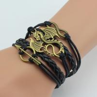 PU Leather Combined Bracelet 8 shape & dragon & arrow with Waxed Cotton Cord & Zinc Alloy with 1.5inch extender chain antique brass color plated Unisex & adjustable &  Sold Per Approx 7 Inch Strand