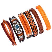 Cowhide Bracelet, with Linen & PU Leather & Resin & Tibetan Style, plated, vintage & punk style & evil eye pattern & adjustable & for man, Length:Approx 6.7-11.8 Inch, 6Strands/Set, Sold By Set