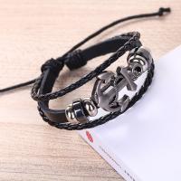 PU Leather Bracelet with Velveteen & Stainless Steel & Zinc Alloy Anchor antique silver color plated durable & Unisex & adjustable black Sold Per Approx 7 Inch Strand