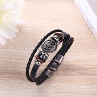 PU Leather Bracelet, with Non Magnetic Hematite & Stainless Steel & Tibetan Style, Flower, plated, durable & Unisex, black, 205mm, Sold Per Approx 8 Inch Strand