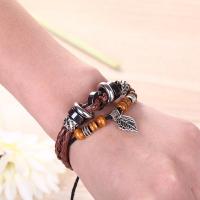 PU Leather Bracelet with Waxed Linen Cord & Non Magnetic Hematite & Wood & Stainless Steel & Zinc Alloy antique silver color plated durable & Unisex & adjustable brown 180mm Sold Per Approx 7 Inch Strand