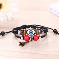 PU Leather Bracelet with Waxed Linen Cord & Non Magnetic Hematite & Wood & Resin & Stainless Steel & Zinc Alloy Evil Eye gold color plated durable & Unisex & adjustable & with rhinestone black 180mm Sold Per Approx 7 Inch Strand