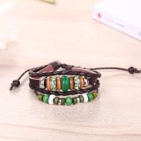 PU Leather Bracelet with Waxed Linen Cord & Wood & Stainless Steel & Zinc Alloy plated durable & Unisex & adjustable & with rhinestone henna 180mm Sold Per Approx 7 Inch Strand